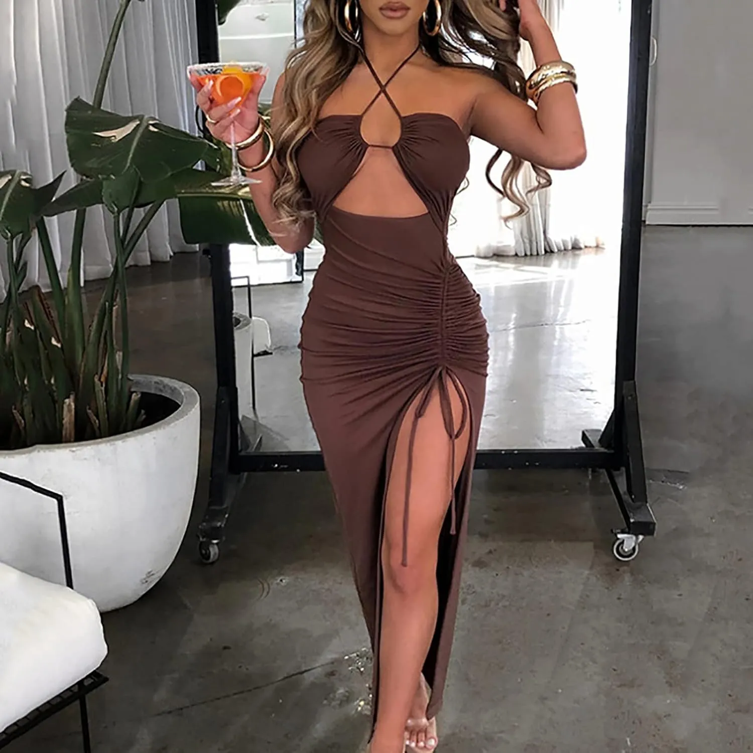Maxi Dresses for Women 2025 Spaghetti Straps Midi Dress Sleevelesss Cutout Tie Side Dresses Long Drawstring Sundress