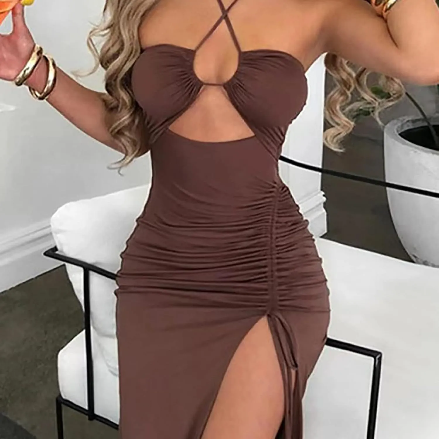 Maxi Dresses for Women 2025 Spaghetti Straps Midi Dress Sleevelesss Cutout Tie Side Dresses Long Drawstring Sundress