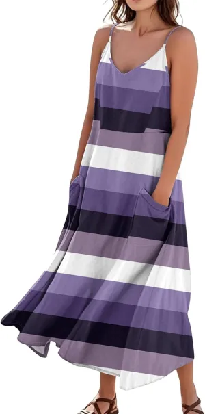 Maxi Dresses for Women 2025 Summer Loose Fit Beach Vacation Dress Sleeveless O Neck Sundress Casual Tank Dress with Pockets