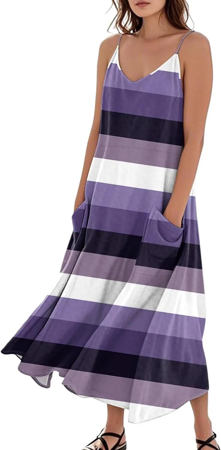 Maxi Dresses for Women 2025 Summer Loose Fit Beach Vacation Dress Sleeveless O Neck Sundress Casual Tank Dress with Pockets