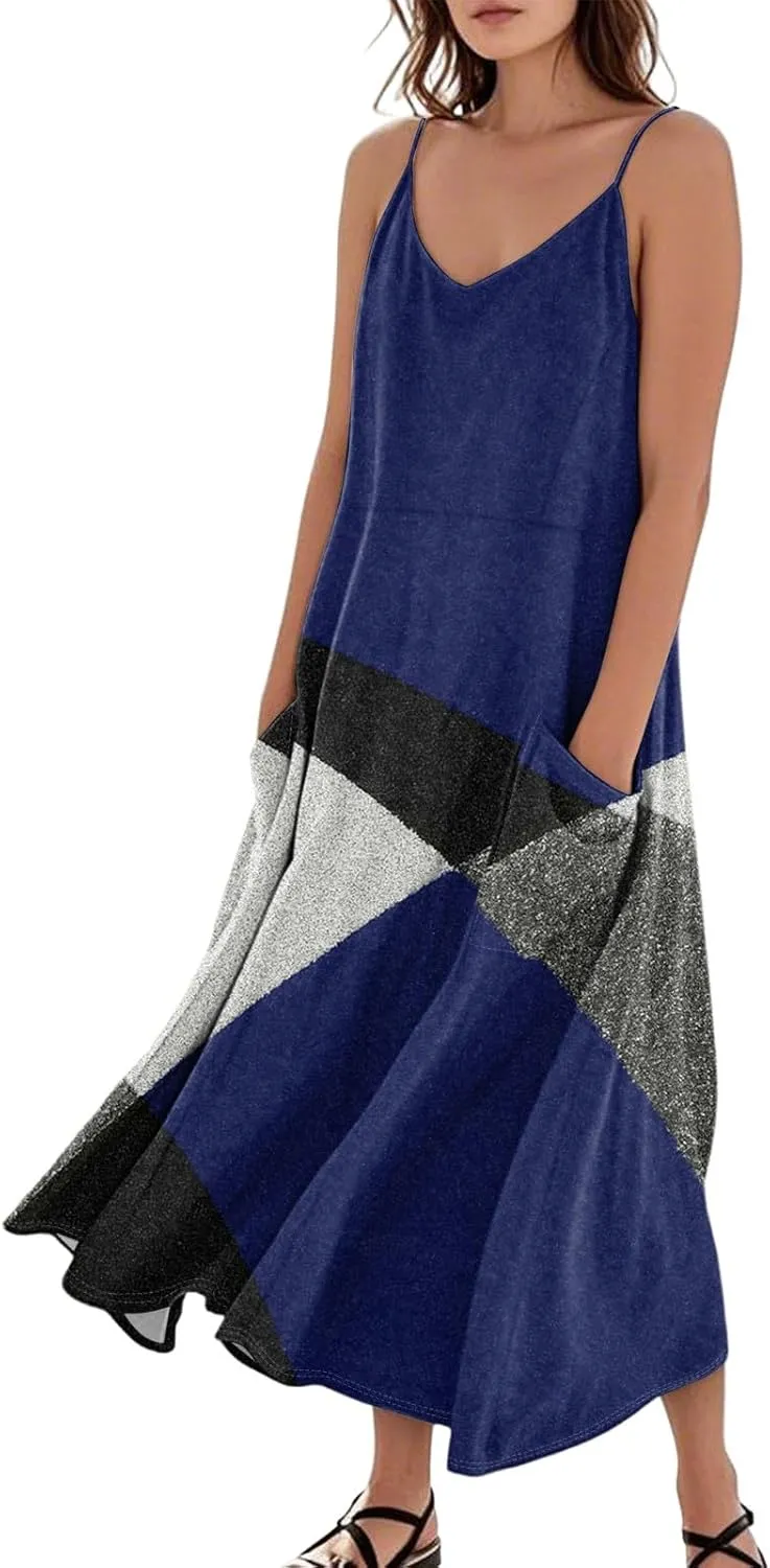 Maxi Dresses for Women 2025 Summer Loose Fit Beach Vacation Dress Sleeveless O Neck Sundress Casual Tank Dress with Pockets