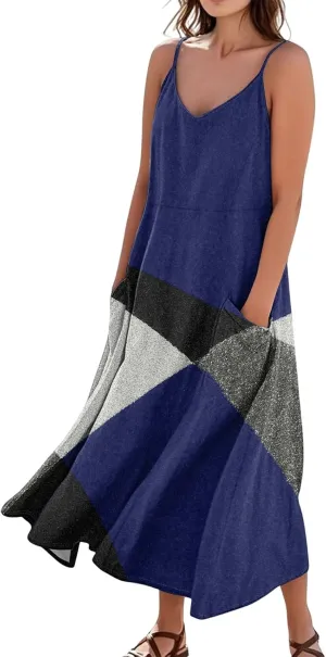 Maxi Dresses for Women 2025 Summer Loose Fit Beach Vacation Dress Sleeveless O Neck Sundress Casual Tank Dress with Pockets