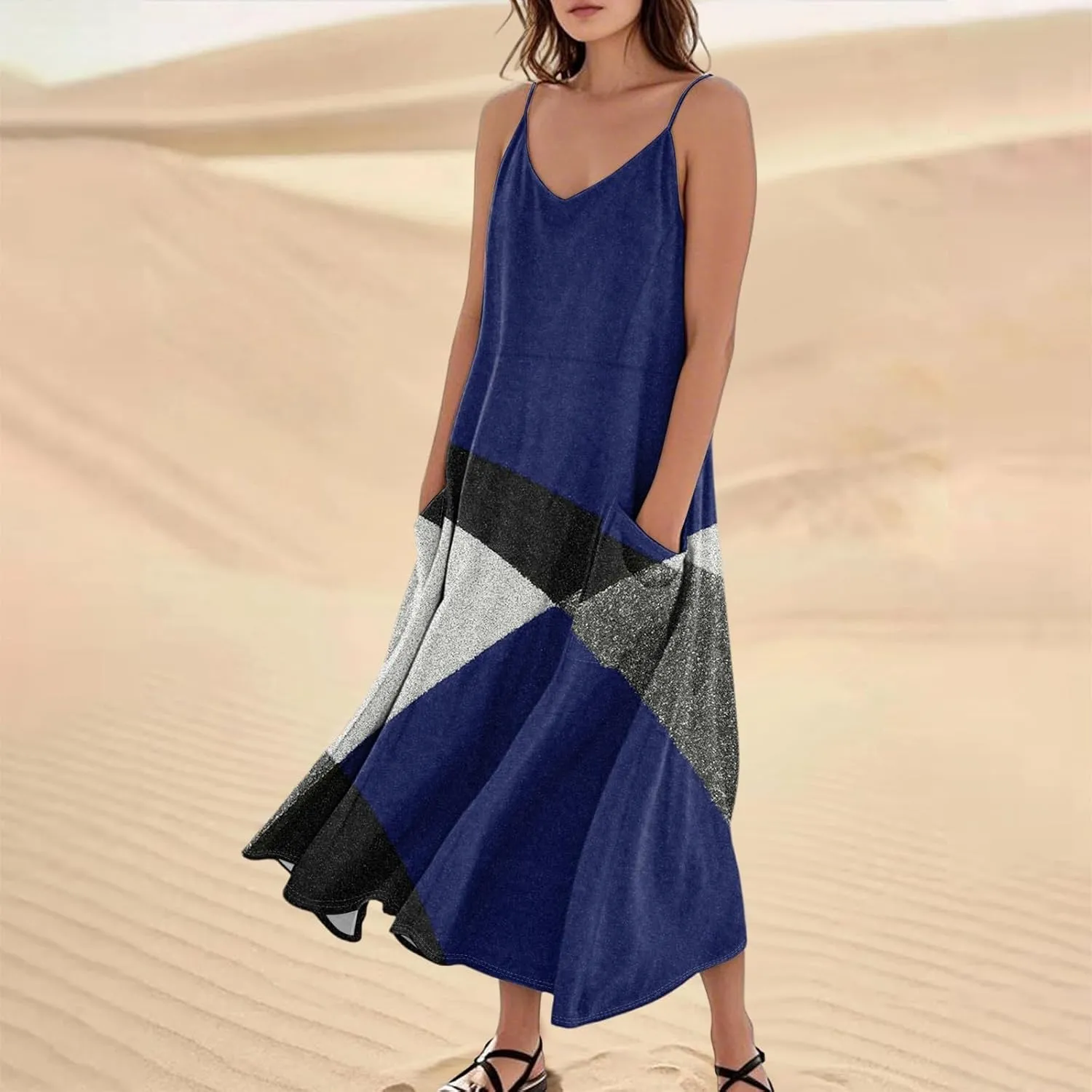 Maxi Dresses for Women 2025 Summer Loose Fit Beach Vacation Dress Sleeveless O Neck Sundress Casual Tank Dress with Pockets