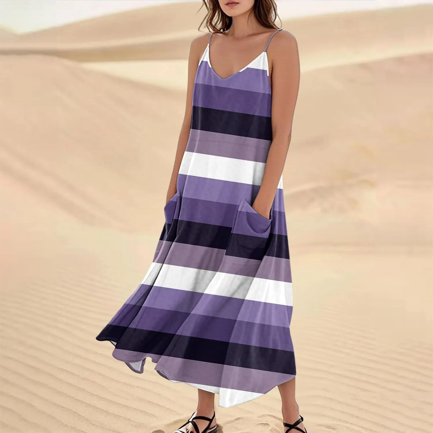 Maxi Dresses for Women 2025 Summer Loose Fit Beach Vacation Dress Sleeveless O Neck Sundress Casual Tank Dress with Pockets