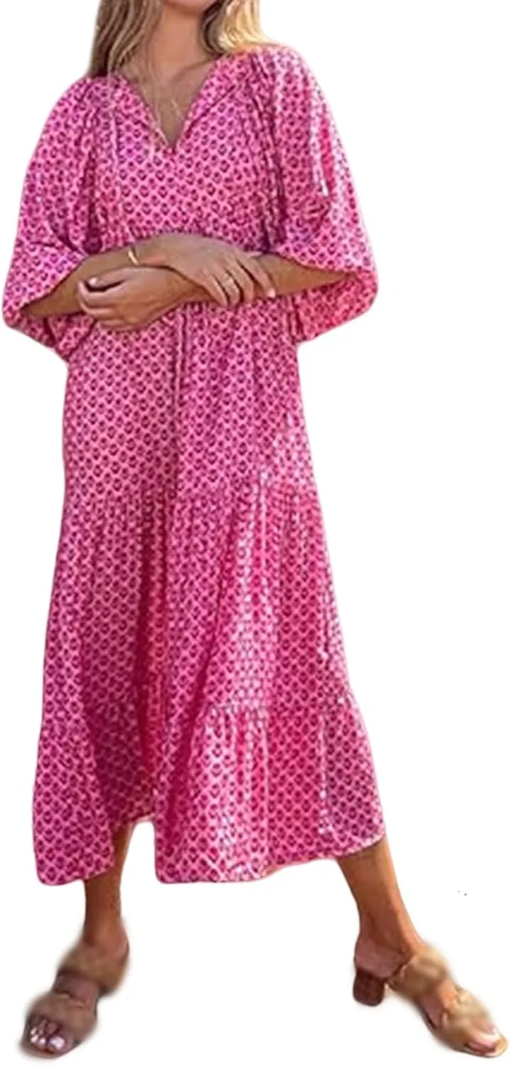 Maxi Dresses for Women Summer V Neck Puff Sleeve Floral Flowy Swing Long Dresses Casual Loose Fit Bohemian Beach Dress