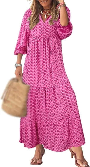 Maxi Dresses for Women Summer V Neck Puff Sleeve Floral Flowy Swing Long Dresses Casual Loose Fit Bohemian Beach Dress
