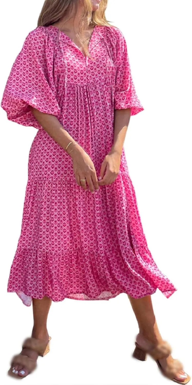 Maxi Dresses for Women Summer V Neck Puff Sleeve Floral Flowy Swing Long Dresses Casual Loose Fit Bohemian Beach Dress