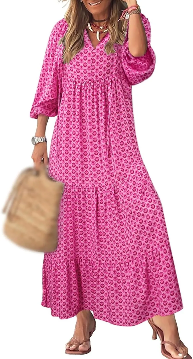 Maxi Dresses for Women Summer V Neck Puff Sleeve Floral Flowy Swing Long Dresses Casual Loose Fit Bohemian Beach Dress