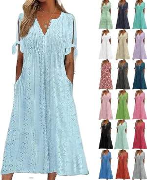 Maxi Long Dresses for Women 2025 Summer Womens Eyelet Dress Short Sleeve Tshirt Dress Casual Vacation Sundress