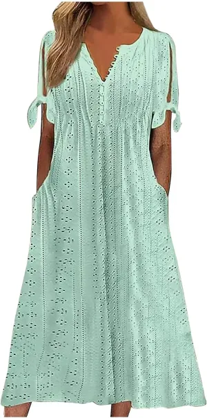 Maxi Long Dresses for Women 2025 Summer Womens Eyelet Dress Short Sleeve Tshirt Dress Casual Vacation Sundress