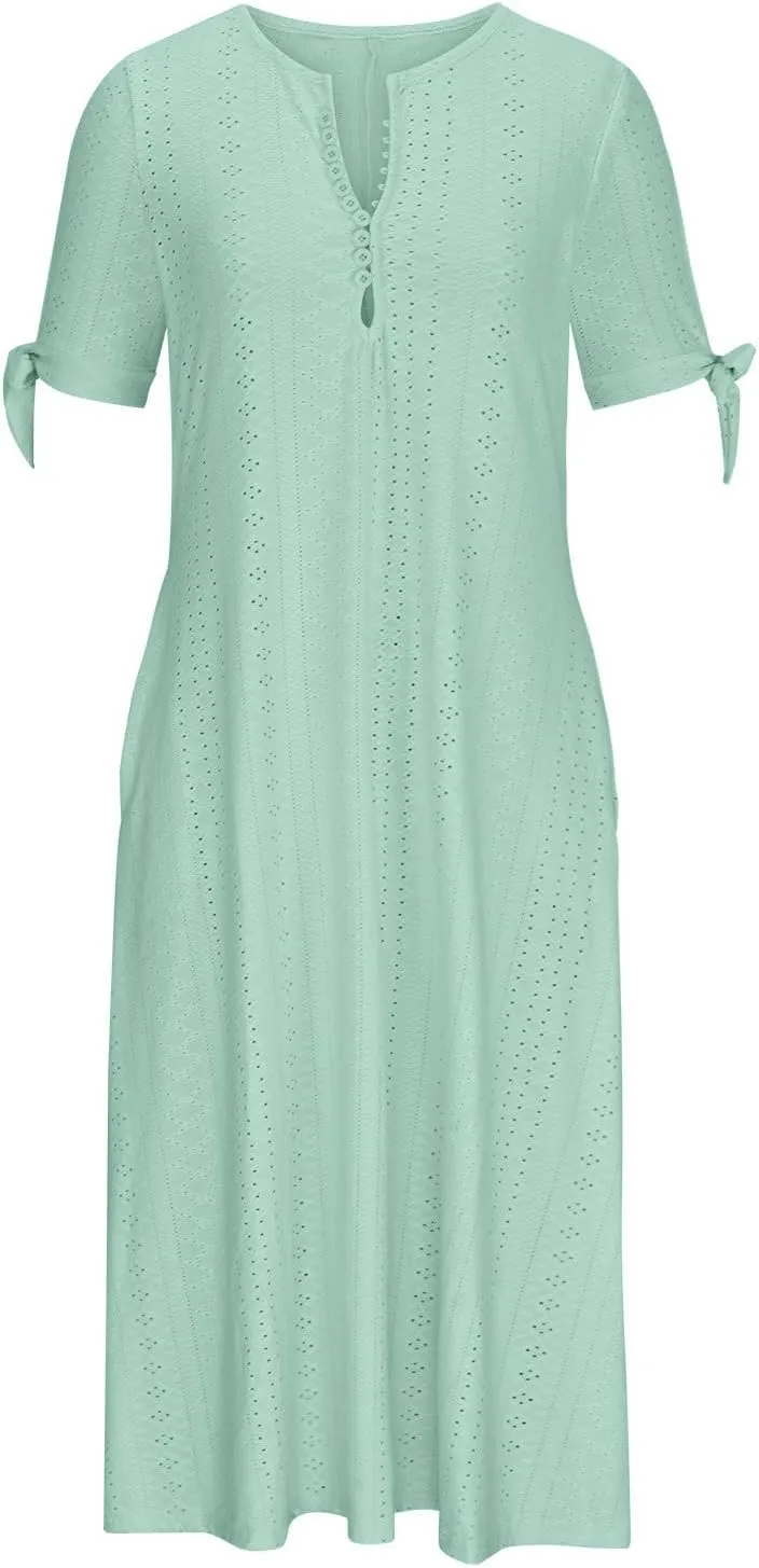 Maxi Long Dresses for Women 2025 Summer Womens Eyelet Dress Short Sleeve Tshirt Dress Casual Vacation Sundress