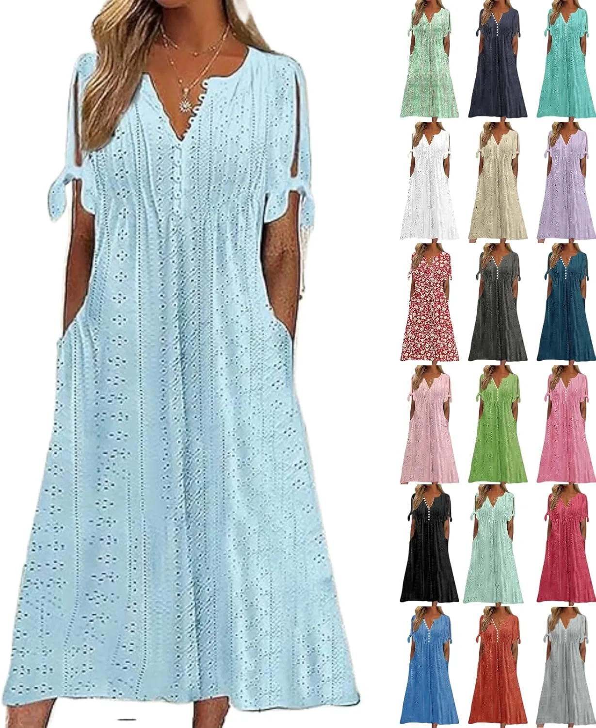 Maxi Long Dresses for Women 2025 Summer Womens Eyelet Dress Short Sleeve Tshirt Dress Casual Vacation Sundress