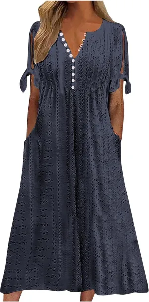 Maxi Long Dresses for Women 2025 Summer Womens Eyelet Dress Short Sleeve Tshirt Dress Casual Vacation Sundress