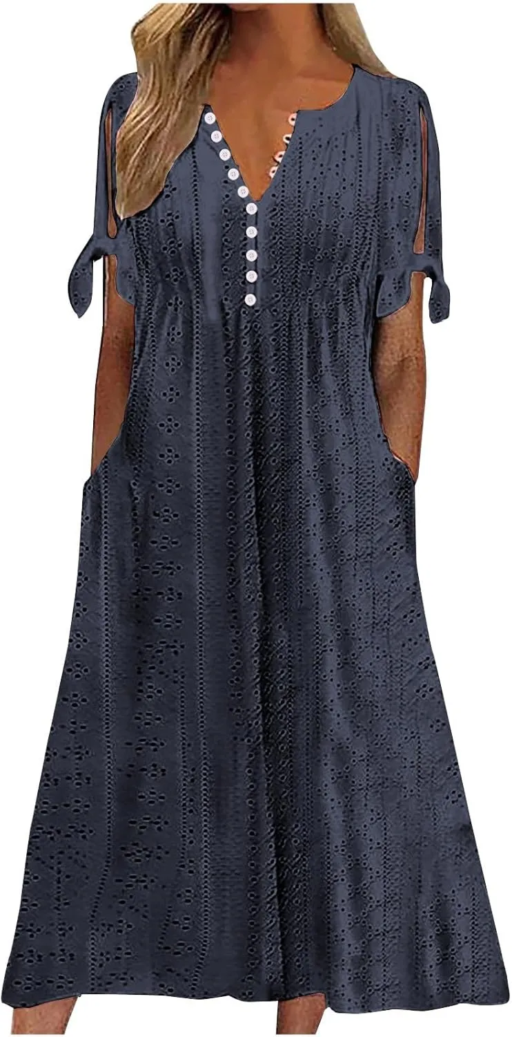 Maxi Long Dresses for Women 2025 Summer Womens Eyelet Dress Short Sleeve Tshirt Dress Casual Vacation Sundress