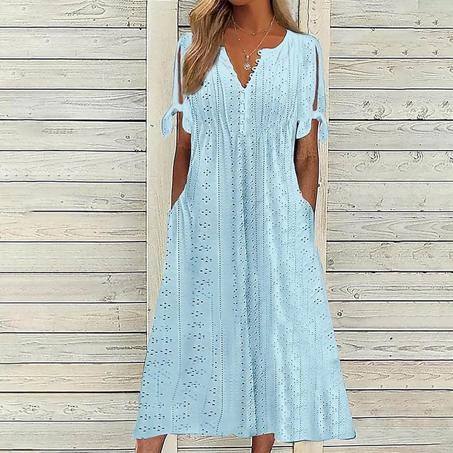 Maxi Long Dresses for Women 2025 Summer Womens Eyelet Dress Short Sleeve Tshirt Dress Casual Vacation Sundress