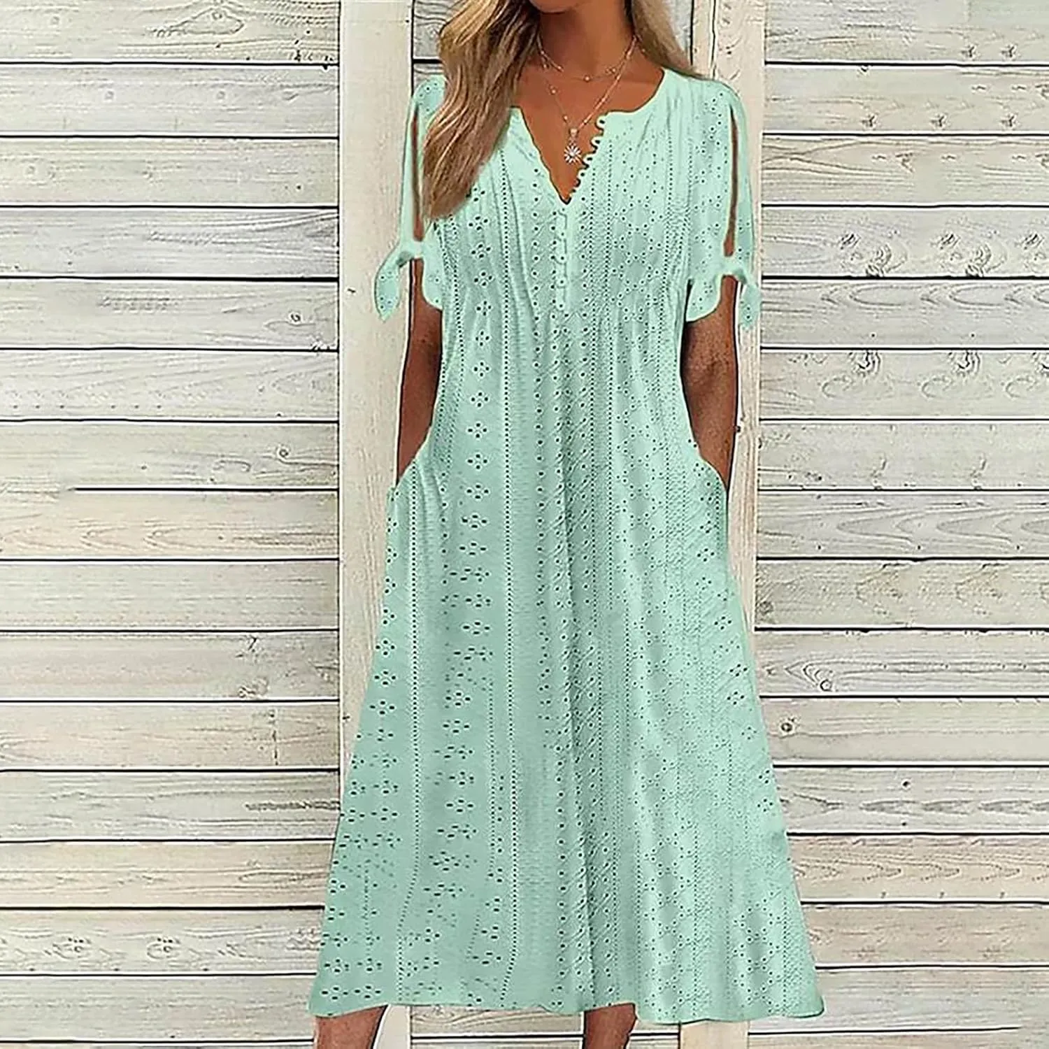 Maxi Long Dresses for Women 2025 Summer Womens Eyelet Dress Short Sleeve Tshirt Dress Casual Vacation Sundress