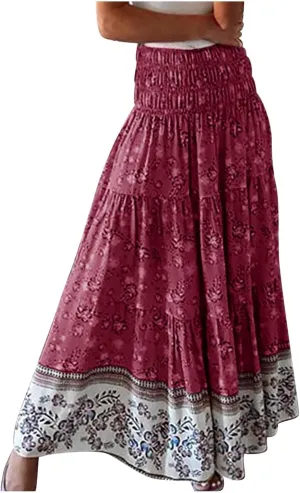 Maxi Skirt for Women Summer Layered Tiered High Waisted Beach Skirts Ruched A Line Skirts Fashion Skirt Long