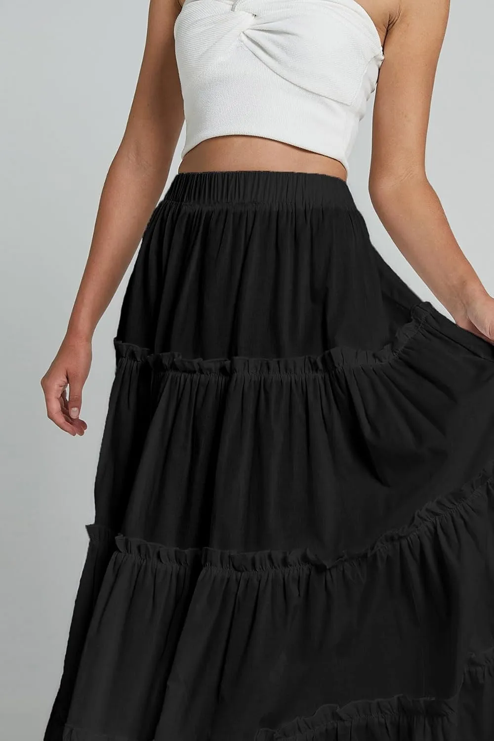 Maxi Tiered Skirts for Women Long Boho Skirt Pleated A-Line Elastic Waist Flowy Long Beach Skirt