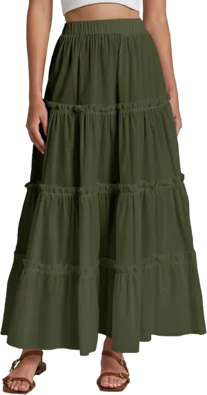 Maxi Tiered Skirts for Women Long Boho Skirt Pleated A-Line Elastic Waist Flowy Long Beach Skirt