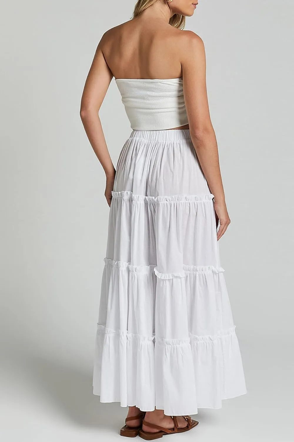 Maxi Tiered Skirts for Women Long Boho Skirt Pleated A-Line Elastic Waist Flowy Long Beach Skirt