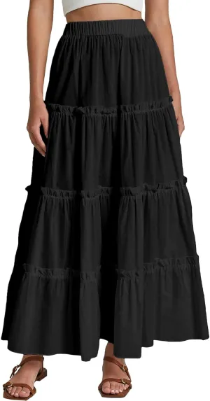 Maxi Tiered Skirts for Women Long Boho Skirt Pleated A-Line Elastic Waist Flowy Long Beach Skirt