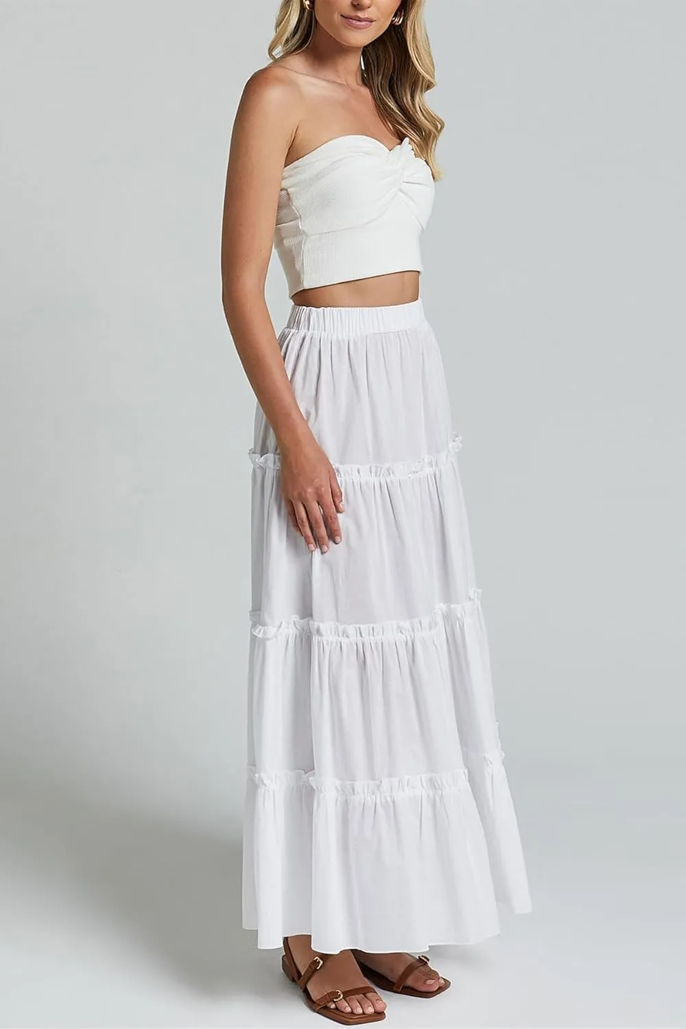 Maxi Tiered Skirts for Women Long Boho Skirt Pleated A-Line Elastic Waist Flowy Long Beach Skirt