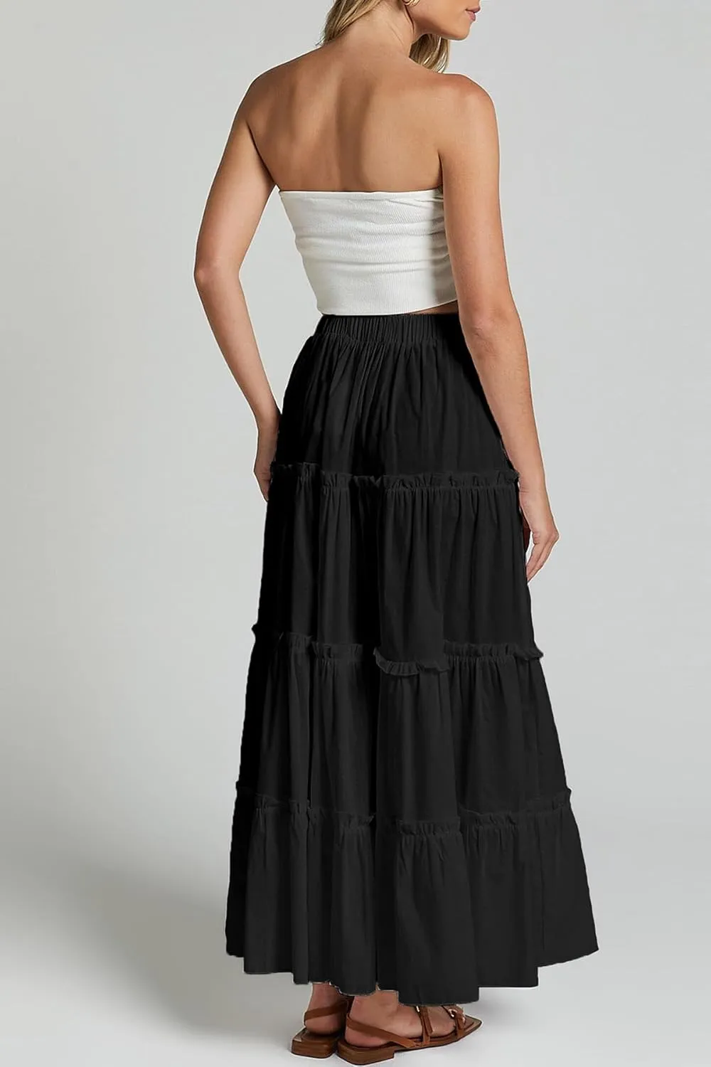 Maxi Tiered Skirts for Women Long Boho Skirt Pleated A-Line Elastic Waist Flowy Long Beach Skirt
