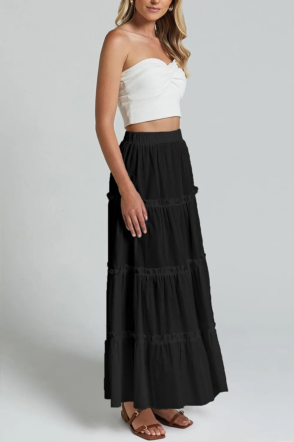 Maxi Tiered Skirts for Women Long Boho Skirt Pleated A-Line Elastic Waist Flowy Long Beach Skirt