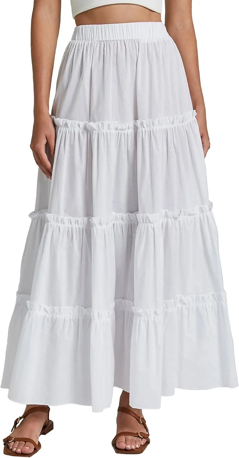 Maxi Tiered Skirts for Women Long Boho Skirt Pleated A-Line Elastic Waist Flowy Long Beach Skirt