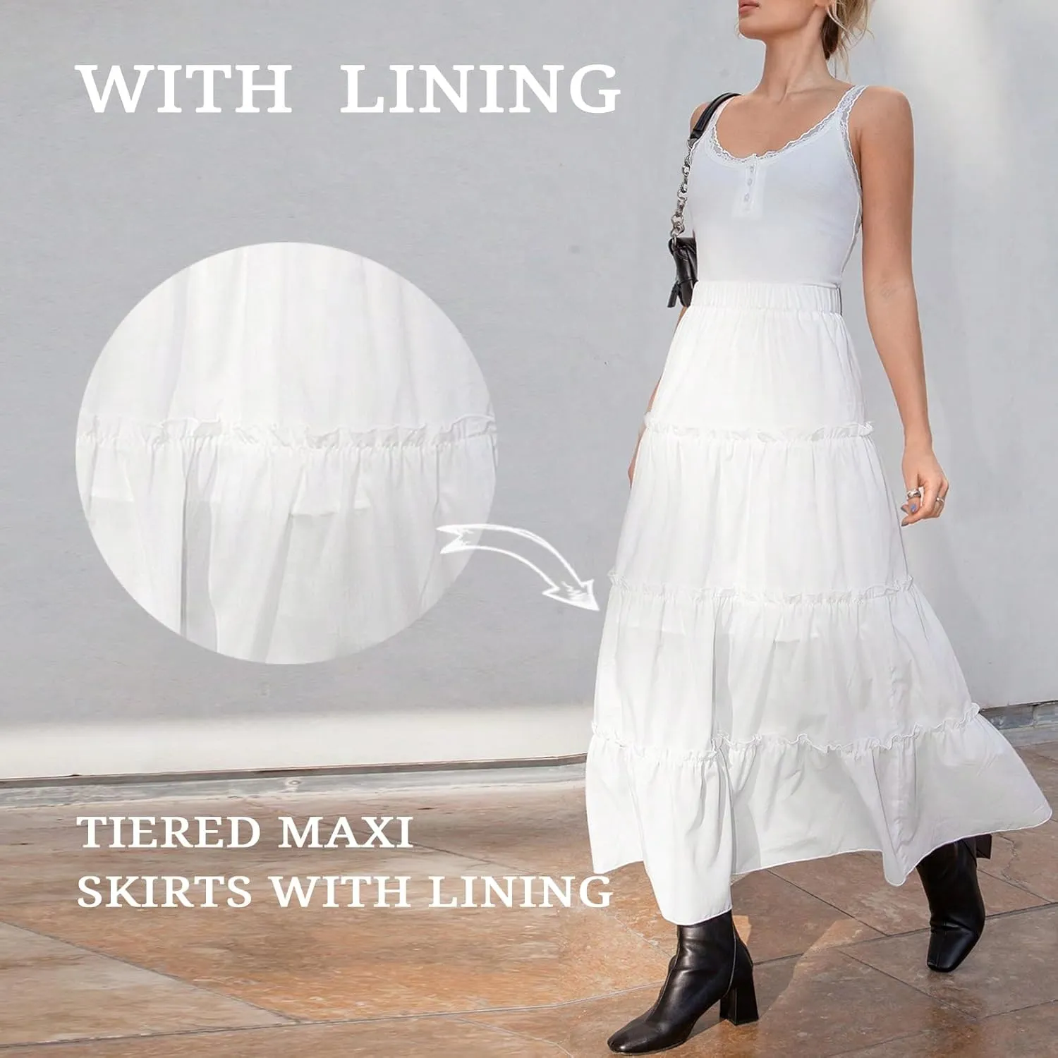 Maxi Tiered Skirts for Women Long Boho Skirt Pleated A-Line Elastic Waist Flowy Long Beach Skirt