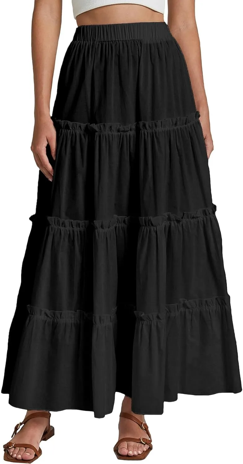 Maxi Tiered Skirts for Women Long Boho Skirt Pleated A-Line Elastic Waist Flowy Long Beach Skirt