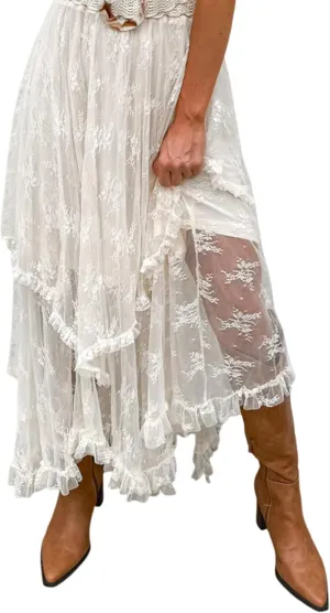 Melliflo Women Vintage Lace Long Skirts Asymmetrical Layered Hem Sexy Flowy Tiered Skirts Sheer Beach Maxi Skirt