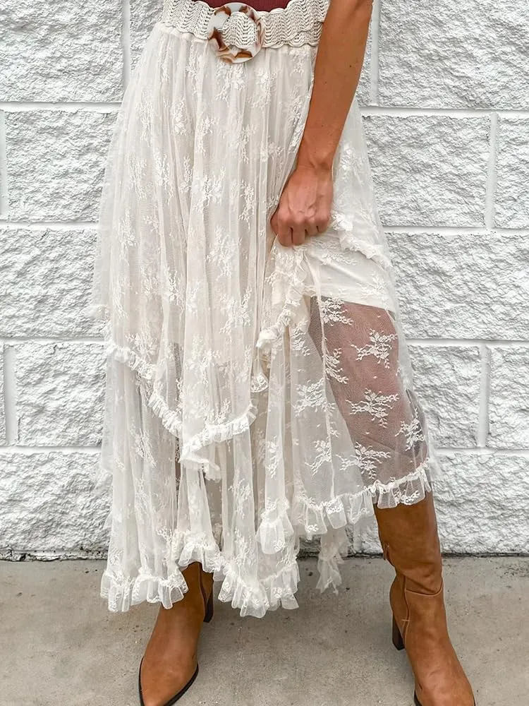 Melliflo Women Vintage Lace Long Skirts Asymmetrical Layered Hem Sexy Flowy Tiered Skirts Sheer Beach Maxi Skirt