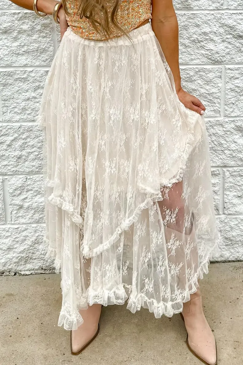 Melliflo Women Vintage Lace Long Skirts Asymmetrical Layered Hem Sexy Flowy Tiered Skirts Sheer Beach Maxi Skirt