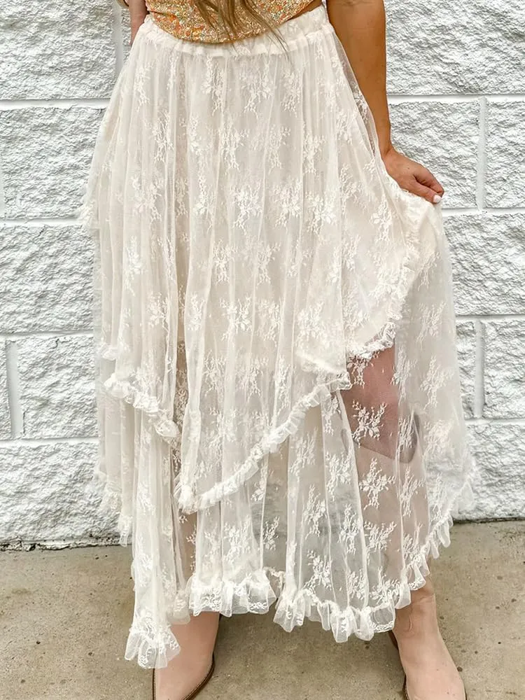 Melliflo Women Vintage Lace Long Skirts Asymmetrical Layered Hem Sexy Flowy Tiered Skirts Sheer Beach Maxi Skirt
