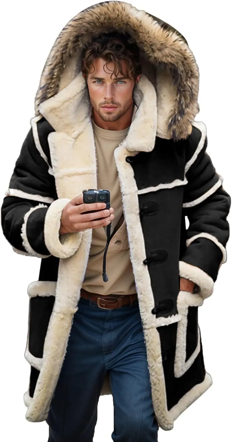 Men Shearling Coats with Hood Faux Suede Sherpa Lined Sheepskin Jackets Warm Winter Faux Leather Long Trench Coat