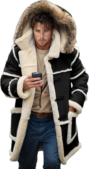 Men Shearling Coats with Hood Faux Suede Sherpa Lined Sheepskin Jackets Warm Winter Faux Leather Long Trench Coat