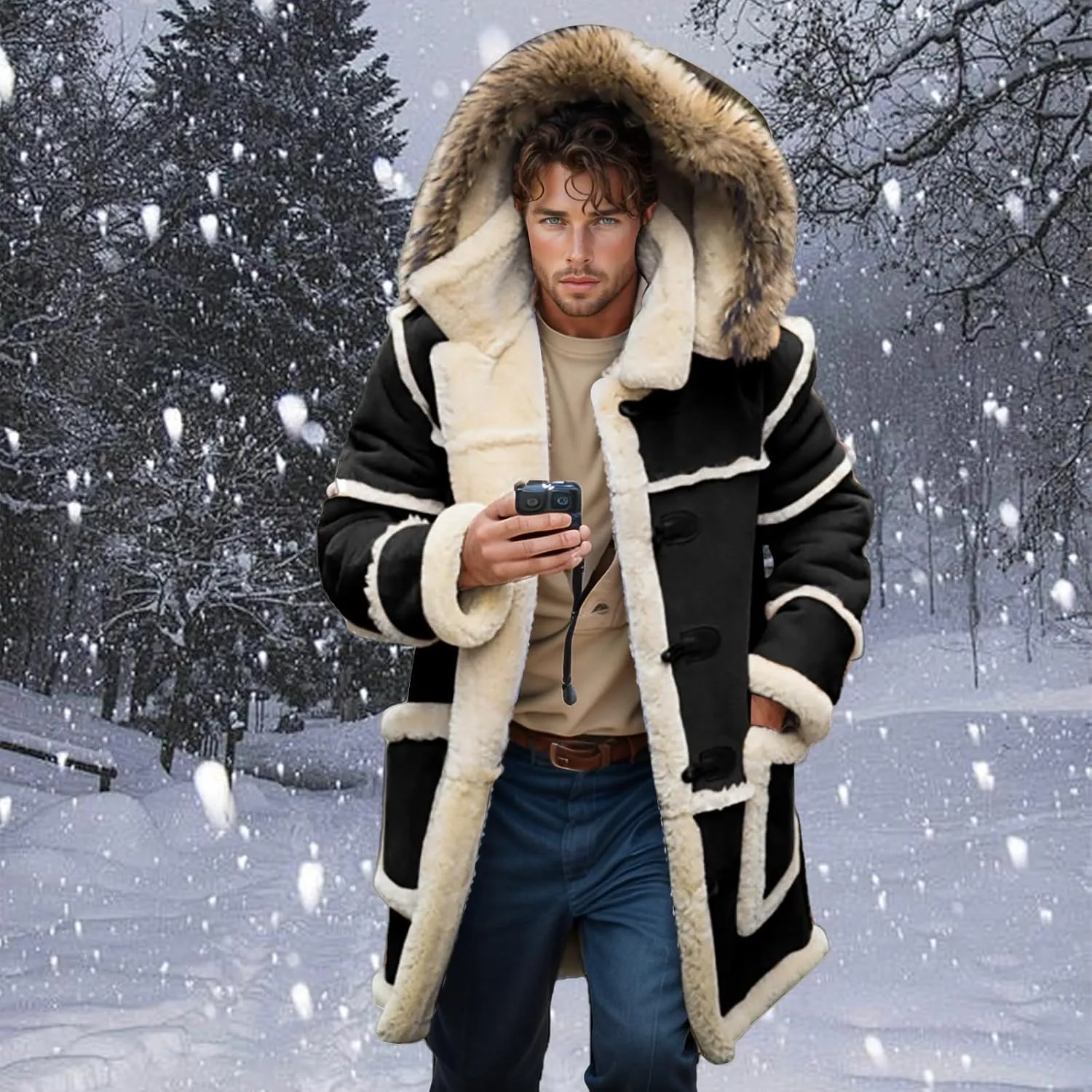 Men Shearling Coats with Hood Faux Suede Sherpa Lined Sheepskin Jackets Warm Winter Faux Leather Long Trench Coat