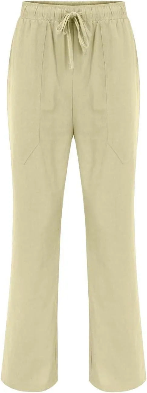 Mens 2024 Fashion Cotton and Linen Trousers Daily Lightweight Drawstring Straight Leg Pants Summer Quick Drying Combat Pants