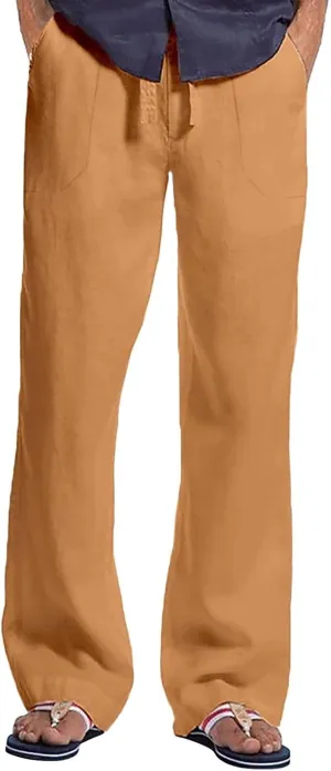 Mens 2024 Fashion Cotton and Linen Trousers Daily Lightweight Drawstring Straight Leg Pants Summer Quick Drying Combat Pants
