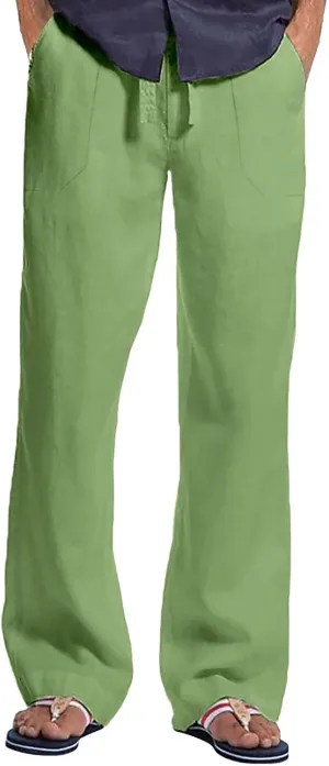 Mens 2024 Fashion Cotton and Linen Trousers Daily Lightweight Drawstring Straight Leg Pants Summer Quick Drying Combat Pants