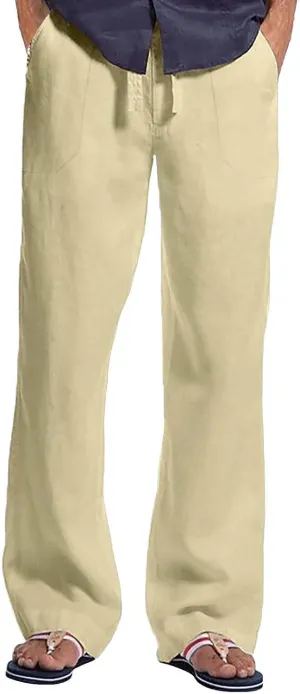 Mens 2024 Fashion Cotton and Linen Trousers Daily Lightweight Drawstring Straight Leg Pants Summer Quick Drying Combat Pants