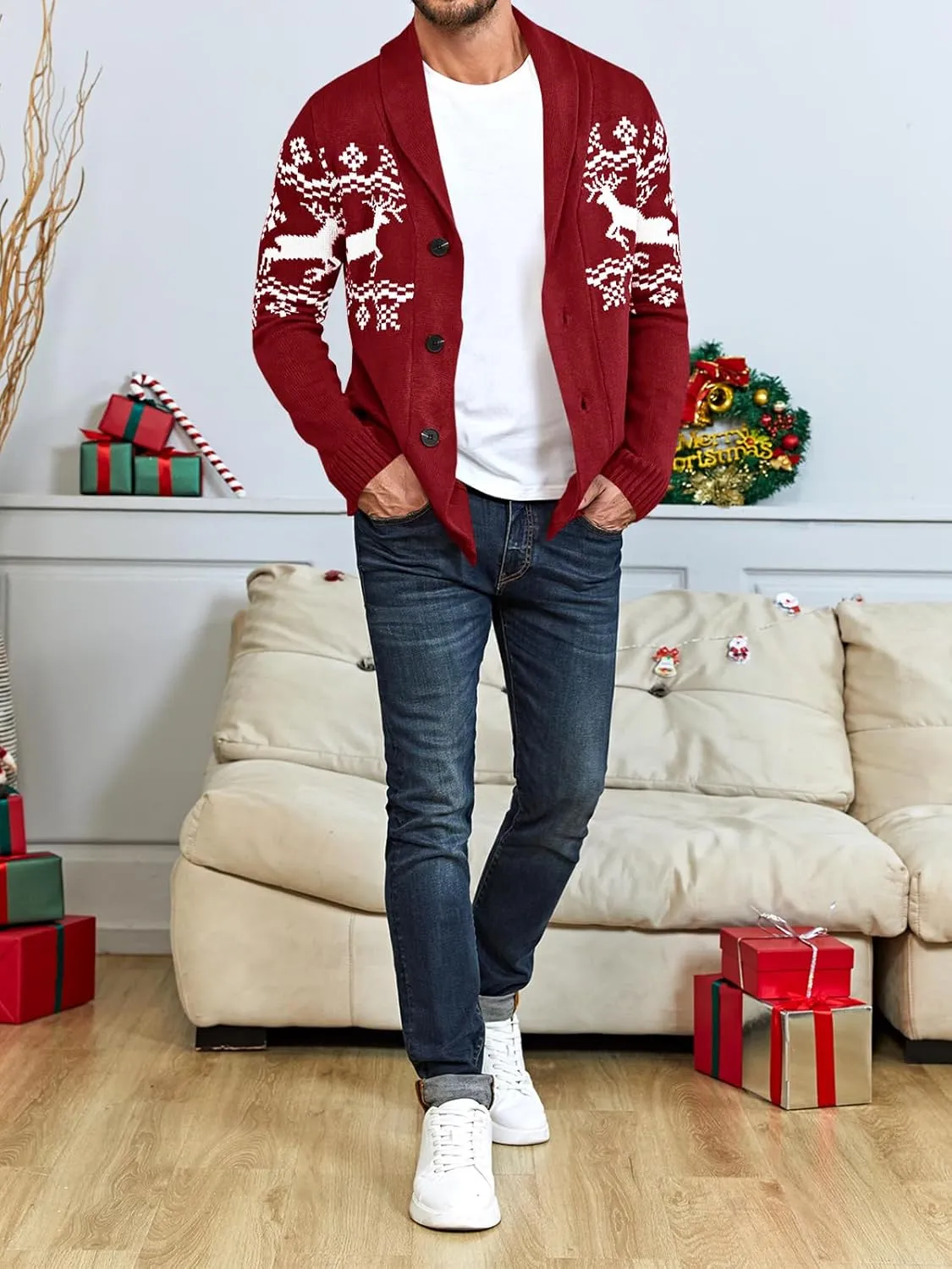 Mens Cable Knit Cardigan Sweater Shawl Collar Loose Fit Long Sleeve Casual Cardigans