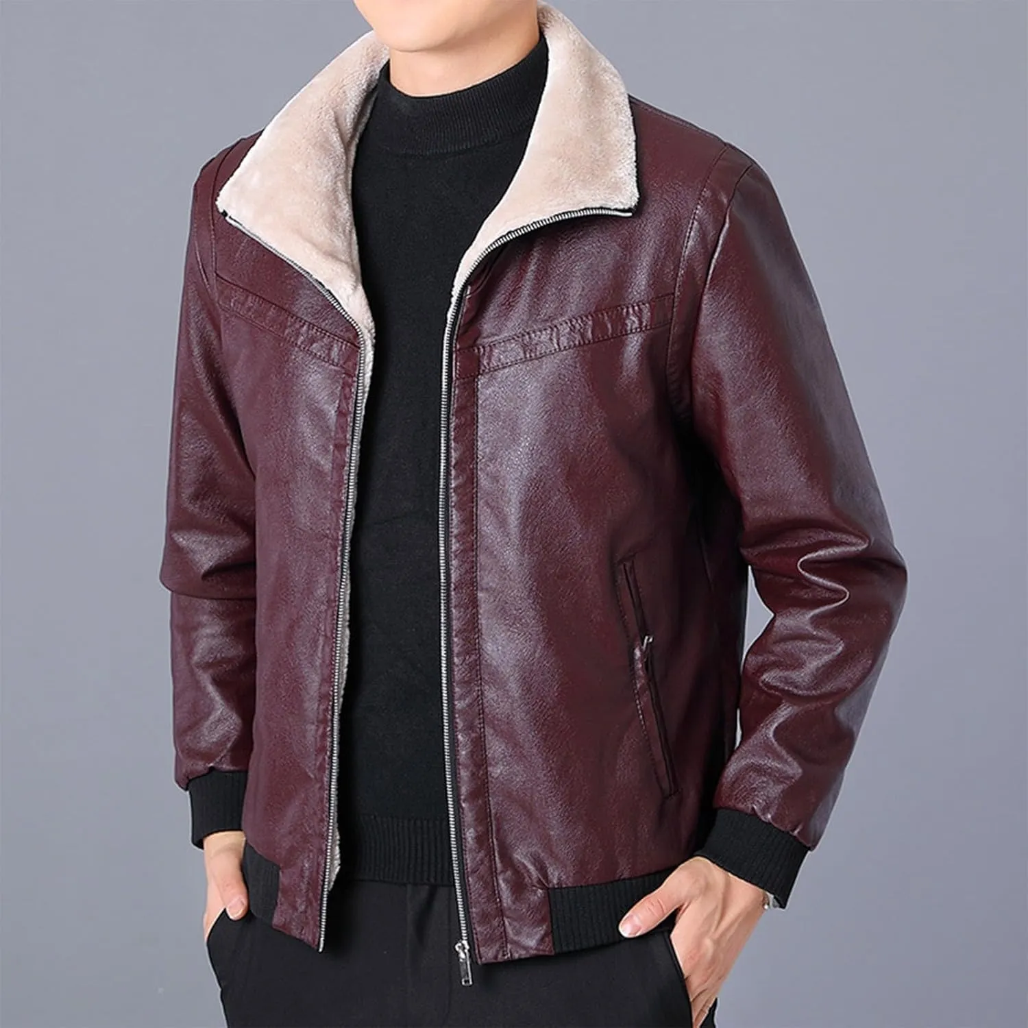 Men's Faux Leather Bomber Jacket Classic Sherpa Lapel Collar Full Zip Fleece Lined Jackets Warm Winter Trucker Coat