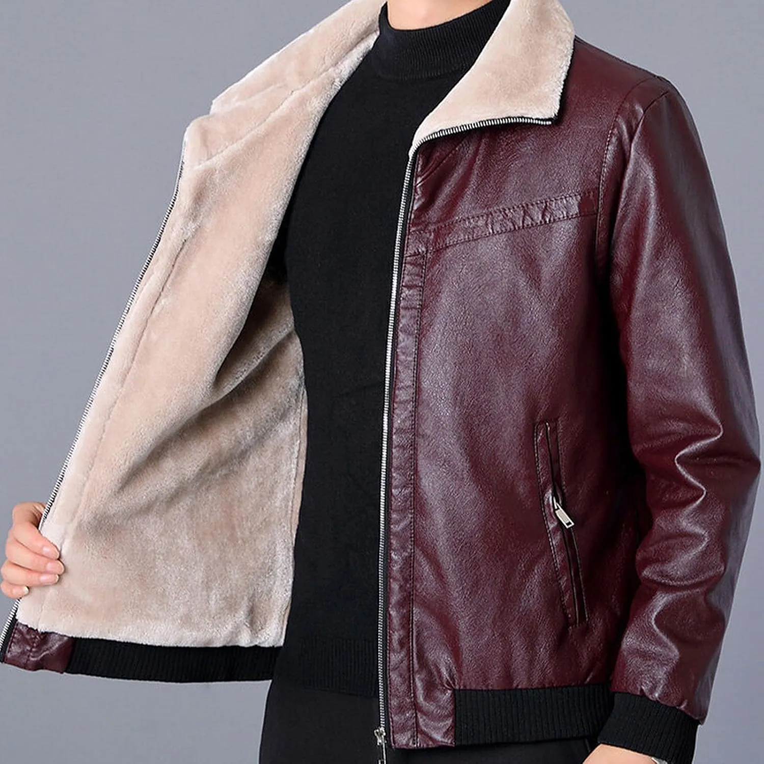 Men's Faux Leather Bomber Jacket Classic Sherpa Lapel Collar Full Zip Fleece Lined Jackets Warm Winter Trucker Coat