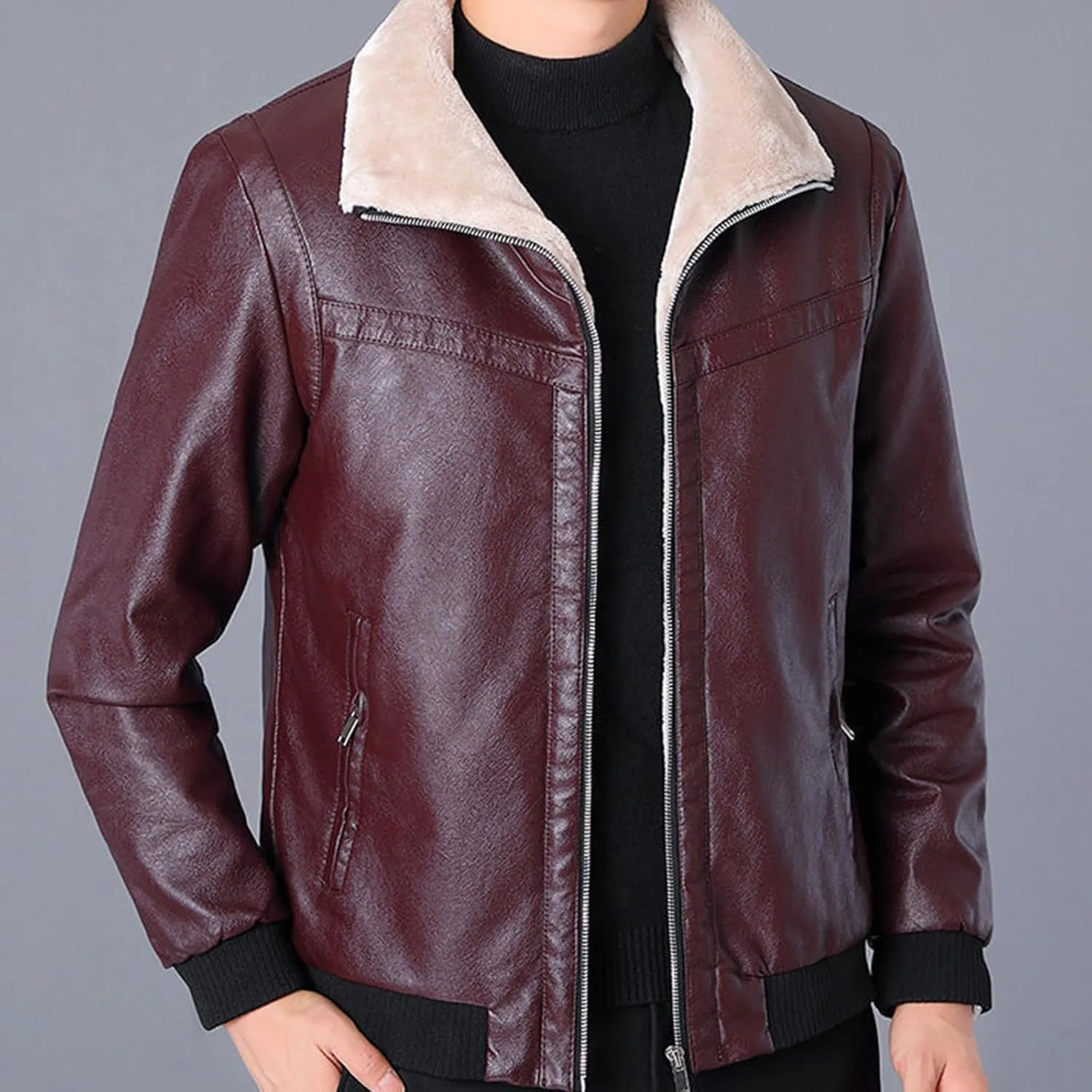 Men's Faux Leather Bomber Jacket Classic Sherpa Lapel Collar Full Zip Fleece Lined Jackets Warm Winter Trucker Coat