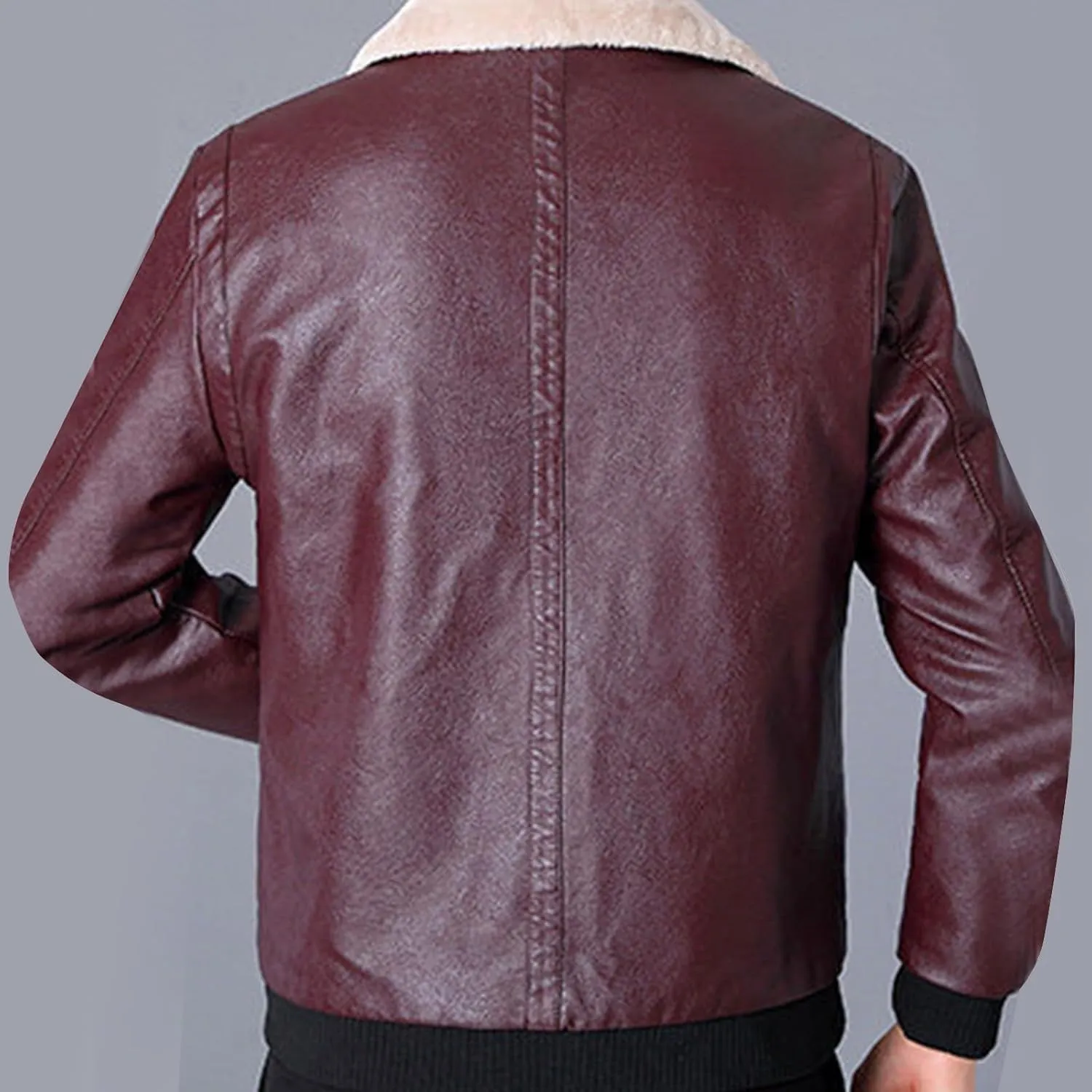 Men's Faux Leather Bomber Jacket Classic Sherpa Lapel Collar Full Zip Fleece Lined Jackets Warm Winter Trucker Coat