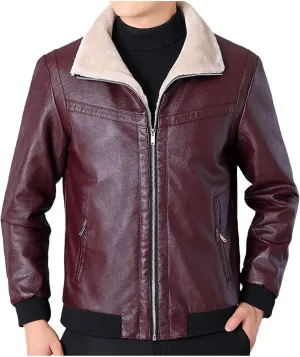 Men's Faux Leather Bomber Jacket Classic Sherpa Lapel Collar Full Zip Fleece Lined Jackets Warm Winter Trucker Coat