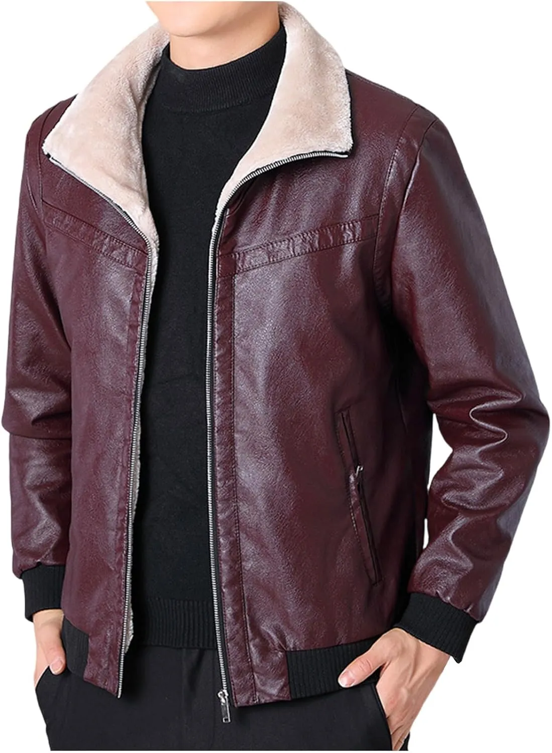 Men's Faux Leather Bomber Jacket Classic Sherpa Lapel Collar Full Zip Fleece Lined Jackets Warm Winter Trucker Coat
