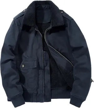 Men's Jacket with Fur Collar Fleece Sherpa Lined Warm Cargo Coat Casual Full Zip Winter Parka Outwear with Pockets